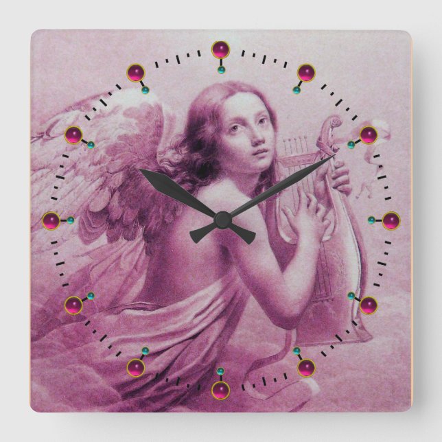 ANGEL PLAYING LYRA OVER THE CLOUDS Pink Fuchsia Square Wall Clock (Front)