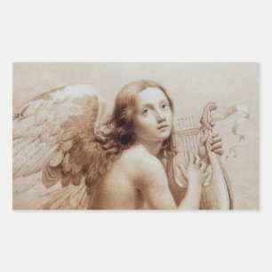 ANGEL PLAYING LYRA OVER THE CLOUDS RECTANGULAR STICKER