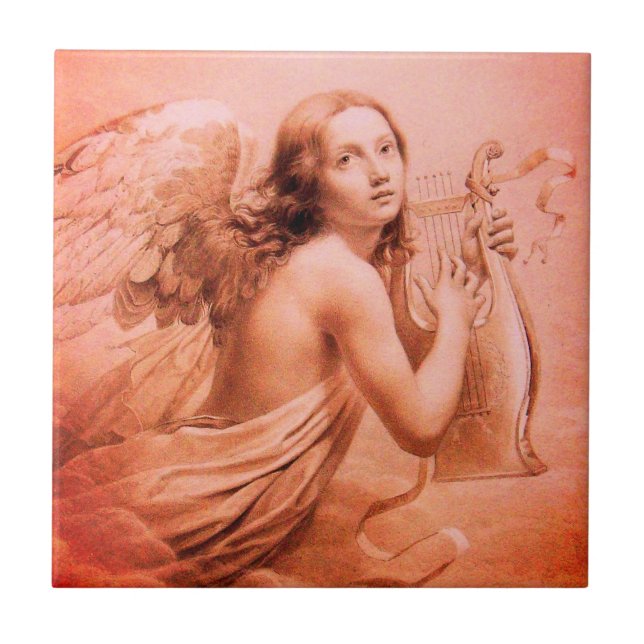 ANGEL PLAYING LYRA OVER THE CLOUDS Red Brown Tile (Front)