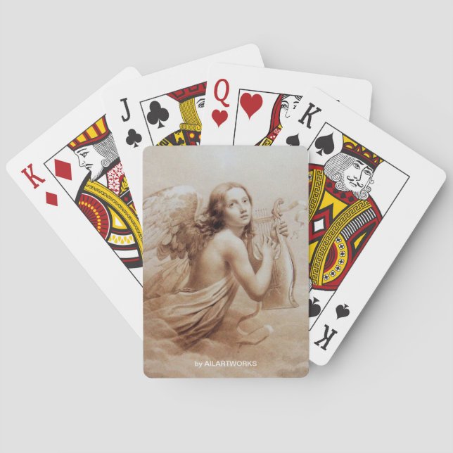 ANGEL PLAYING LYRA OVER THE CLOUDS sepia Playing Cards (Back)