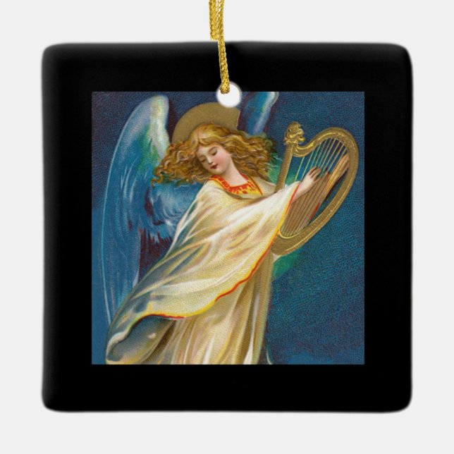 Angel Playing Music On A Harp Ceramic Ornament (Front)