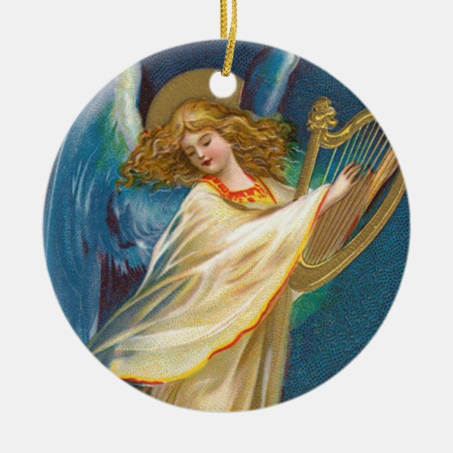 Angel Playing Music On A Harp Ceramic Tree Decoration (Front)