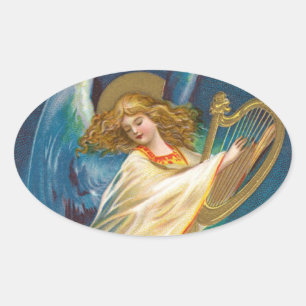 Angel Playing Music On A Harp Oval Sticker