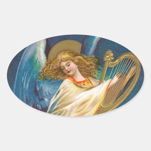 Angel Playing Music On A Harp Oval Sticker (Front)