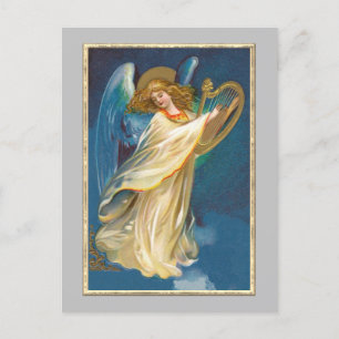 angel playing music on a harp postcard