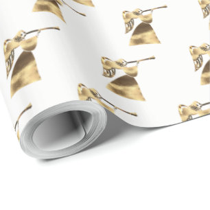 Angel playing Trumpet Gold White Christmas Wrapping Paper