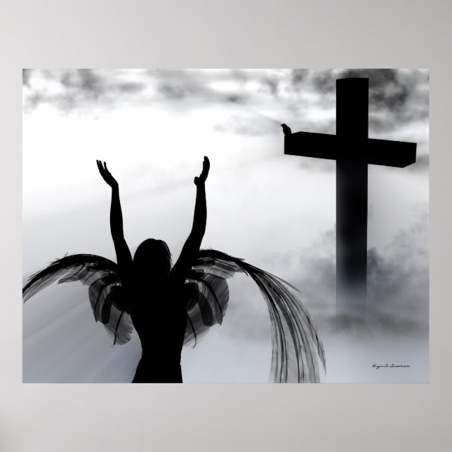 Angel Praying to the Christian Cross Art Print (Front)