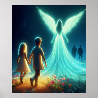 Angel Protecting Two Small Children in the Night Poster