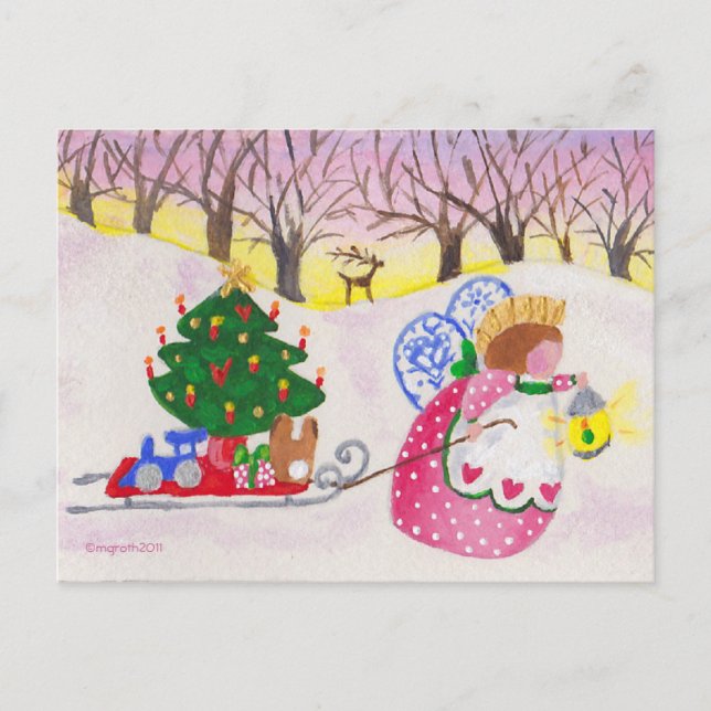 Angel Pulling Sled Postcard (Front)