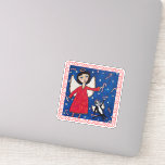 Angel Red Dress in Sky Angel Cat Candy Canes<br><div class="desc">This vinyl sticker has an angel in a red dress floating in a blue night sky with stars along side an angel black and white cat catching floating candy canes encased with a fancy bright red border.</div>