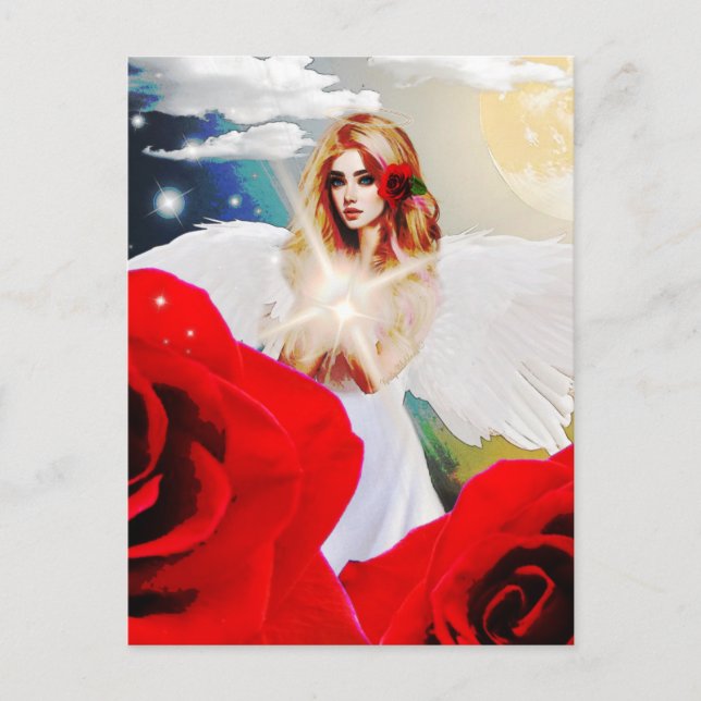 Angel Red Rose Wings Moon Beautiful Fantasy Art Postcard (Front)