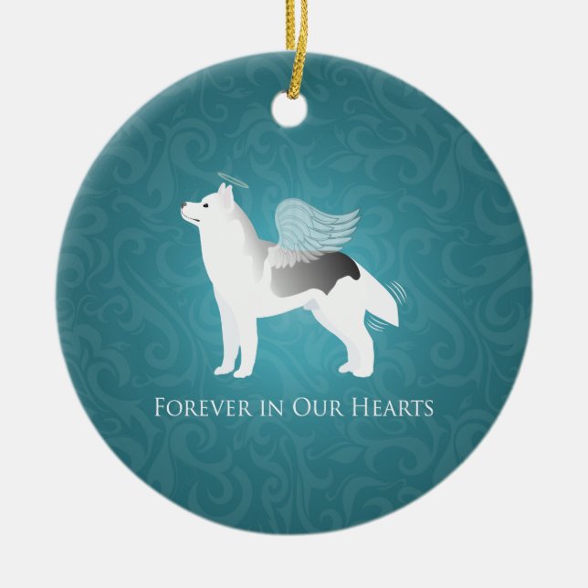 Angel Silver Siberian Husky Dog Pet Memorial Ceramic Tree Decoration (Front)