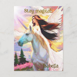 Angel Unicorn Stay Magical Watercolor Art Monogram Postcard