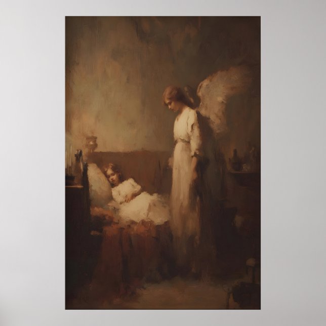 Angel Watching Over Sleeping Child, Christian Wall Poster (Front)