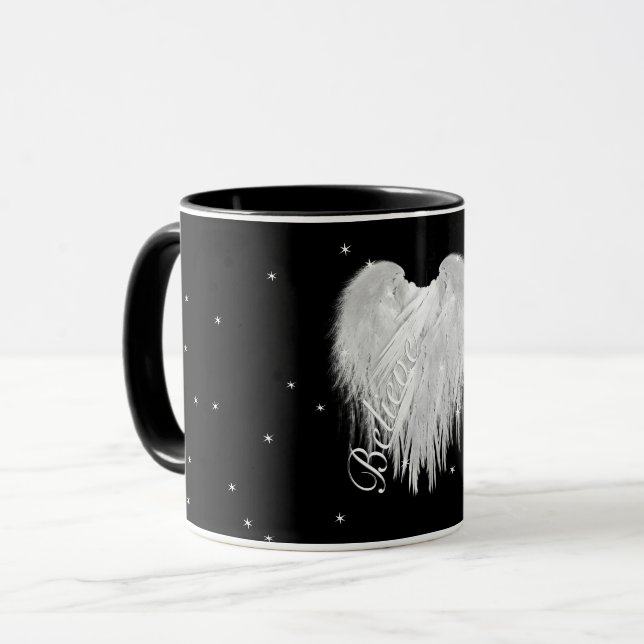 ANGEL WINGS 'Believe' Heart Black Starry Mug (Front Left)