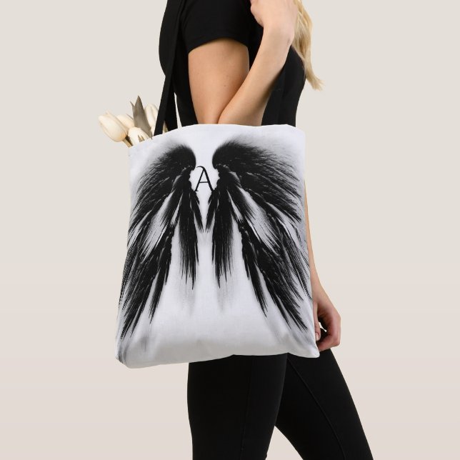 ANGEL WINGS Black Grey Monogram Tote Bag (Close Up)