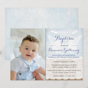 Angel Wings Burlap Lace Baby Boy Baptism PhotoCard Invitation