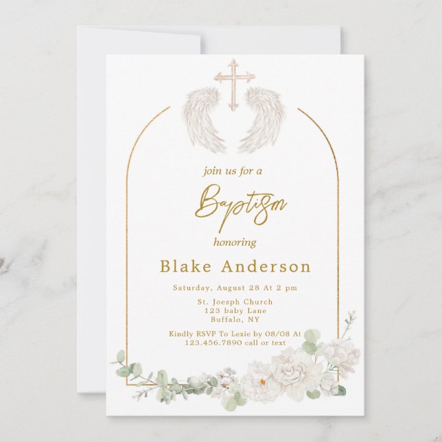 Angel Wings Cross Gold Baby Baptism  Invitation (Front)