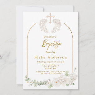 Angel Wings Cross Gold Baby Baptism  Invitation