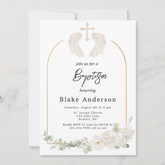 Angel Wings Cross Gold Baby Baptism  Invitation (Front)