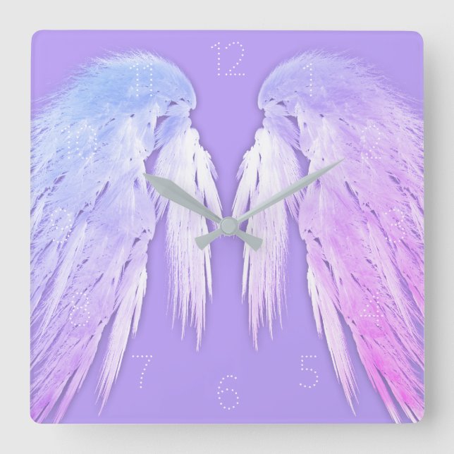ANGEL WINGS Fairy Purple Numbered Square Wall Clock (Front)