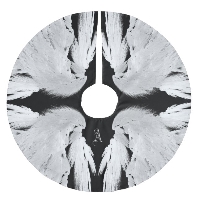 ANGEL WINGS Grey Touched Feathers Custom Monogram Brushed Polyester Tree Skirt (Front)
