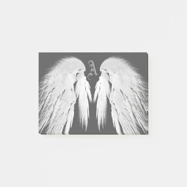 ANGEL WINGS Grey Touched Feathers Custom Monogram Post-it Notes (Front)