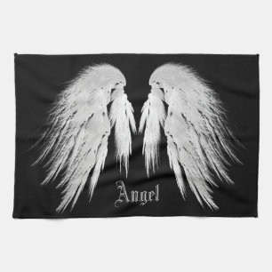 ANGEL WINGS Grey Touched Feathers Custom Name Tea Towel