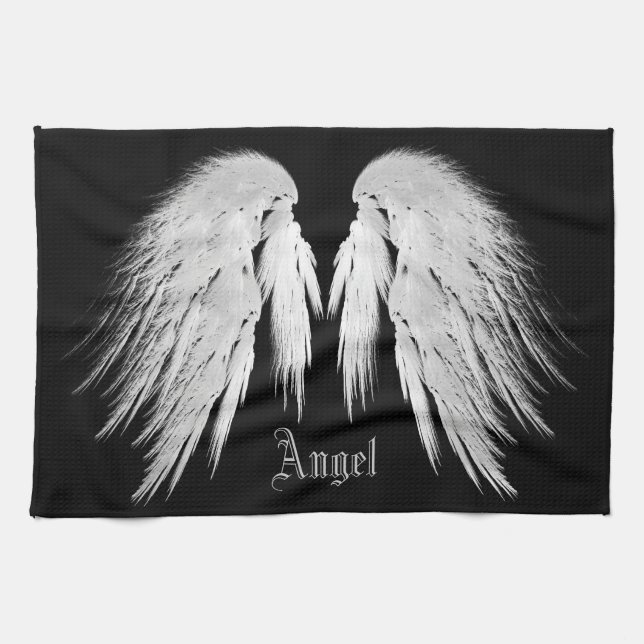 ANGEL WINGS Grey Touched Feathers Custom Name Tea Towel (Horizontal)