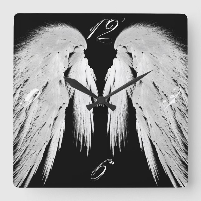 ANGEL WINGS Grey Touched Feathers Custom Numbers Square Wall Clock (Front)