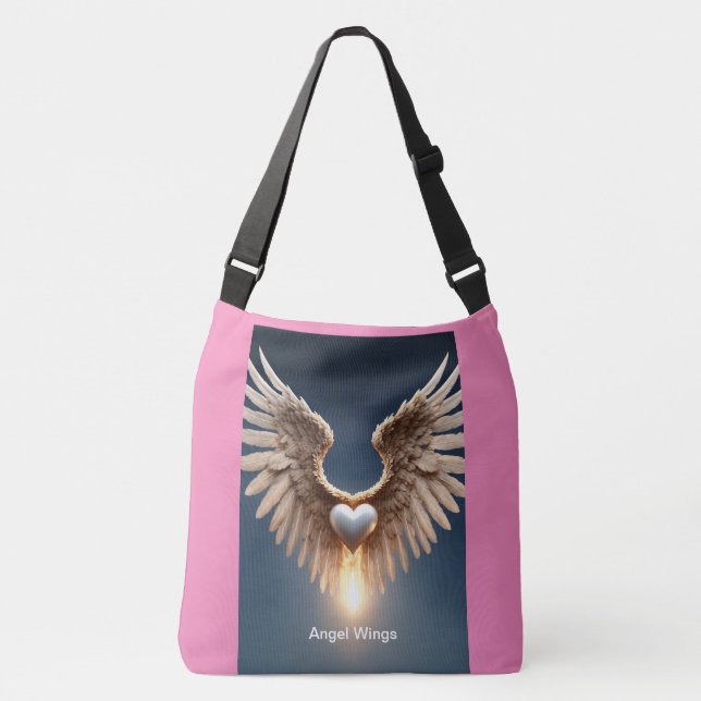 Angel Wings Large Cross-Body Tote Bag With Pink BG (Front)