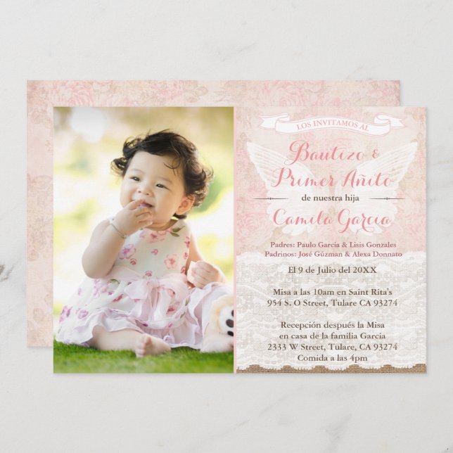 Angel Wings Latina Baptism & 1st Birthday Party Invitation (Front/Back)