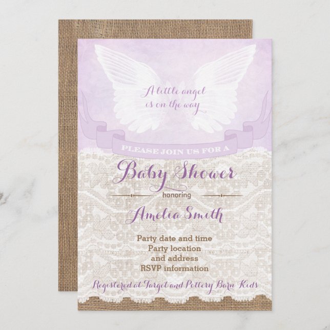Angel Wings Lilac Baby Shower Party Invitation (Front/Back)