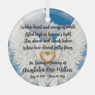 Angel Wings Memorial Design with Golden Heart  Glass Tree Decoration