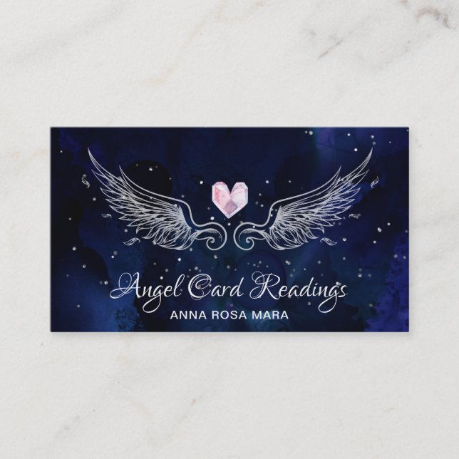 *~* Angel Wings Starry Night Sky Crystal Heart Business Card (Front)