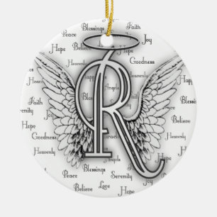 Angel Wings with Positive Words Monogram R Ceramic Tree Decoration