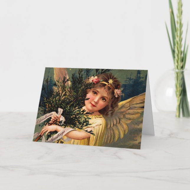 Angel with an Armful of Christmas Greenery Holiday Card (Front)