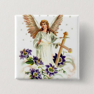 Angel With Cross And Clematis Flowers 6 Cm Round B 15 Cm Square Badge