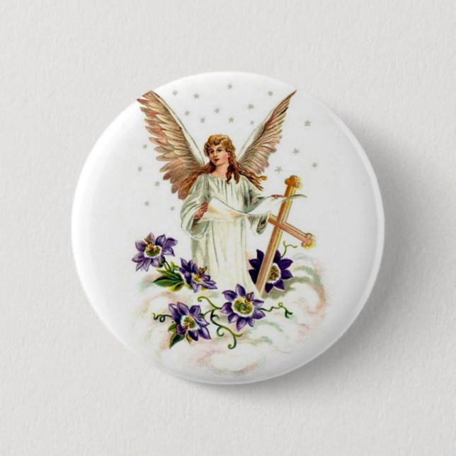 Angel With Cross And Clematis Flowers  6 Cm Round Badge (Front)