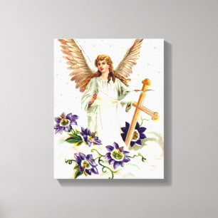 Angel With Cross And Clematis Flowers Canvas Print