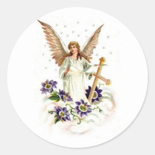 Angel With Cross And Clematis Flowers  Classic Round Sticker
