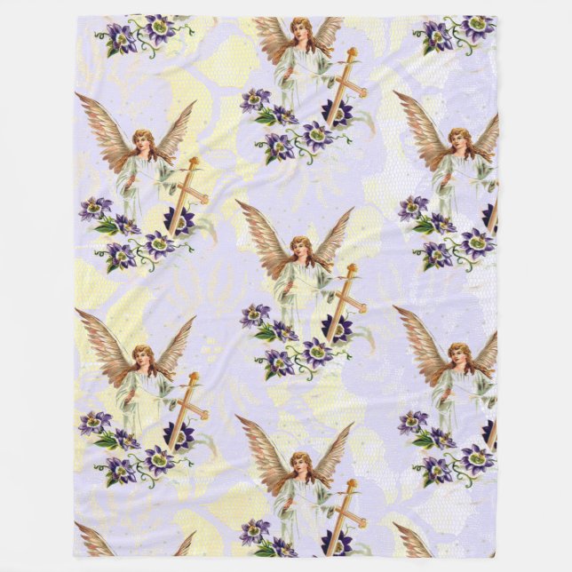 Angel With Cross And Clematis Flowers Fleece Blanket (Front)
