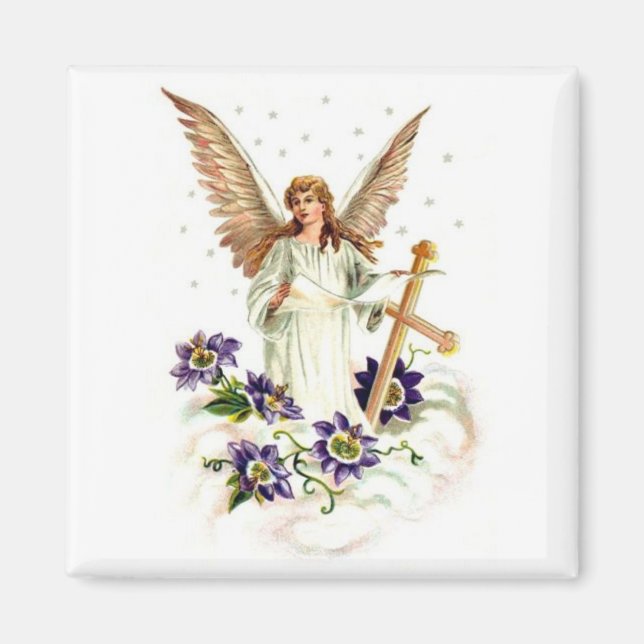 Angel With Cross And Clematis Flowers Magnet (Front)