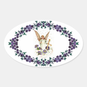 Angel With Cross And Clematis Flowers Oval Sticker