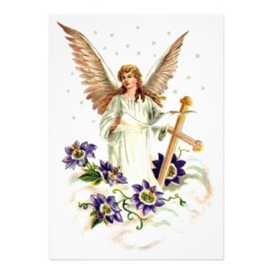 Angel With Cross And Clematis Flowers Photo Print