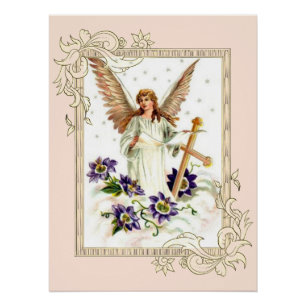 Angel With Cross And Clematis Flowers Poster