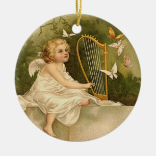 Angel with Harp and Butterflies Ceramic Tree Decoration