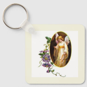 Angel With Harp And Clematis Flowers Key Ring