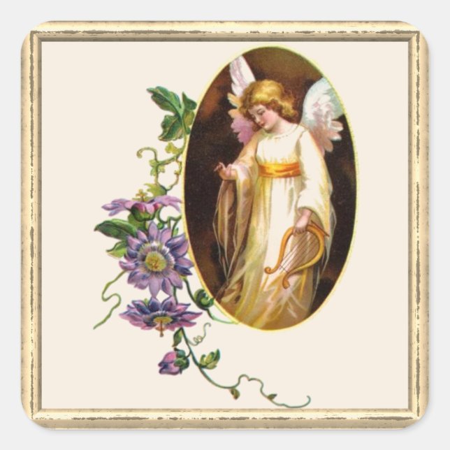 Angel With Harp And Clematis Flowers Square Sticker (Front)