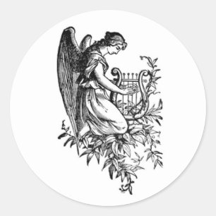 Angel With Harp And Flora Classic Round Sticker